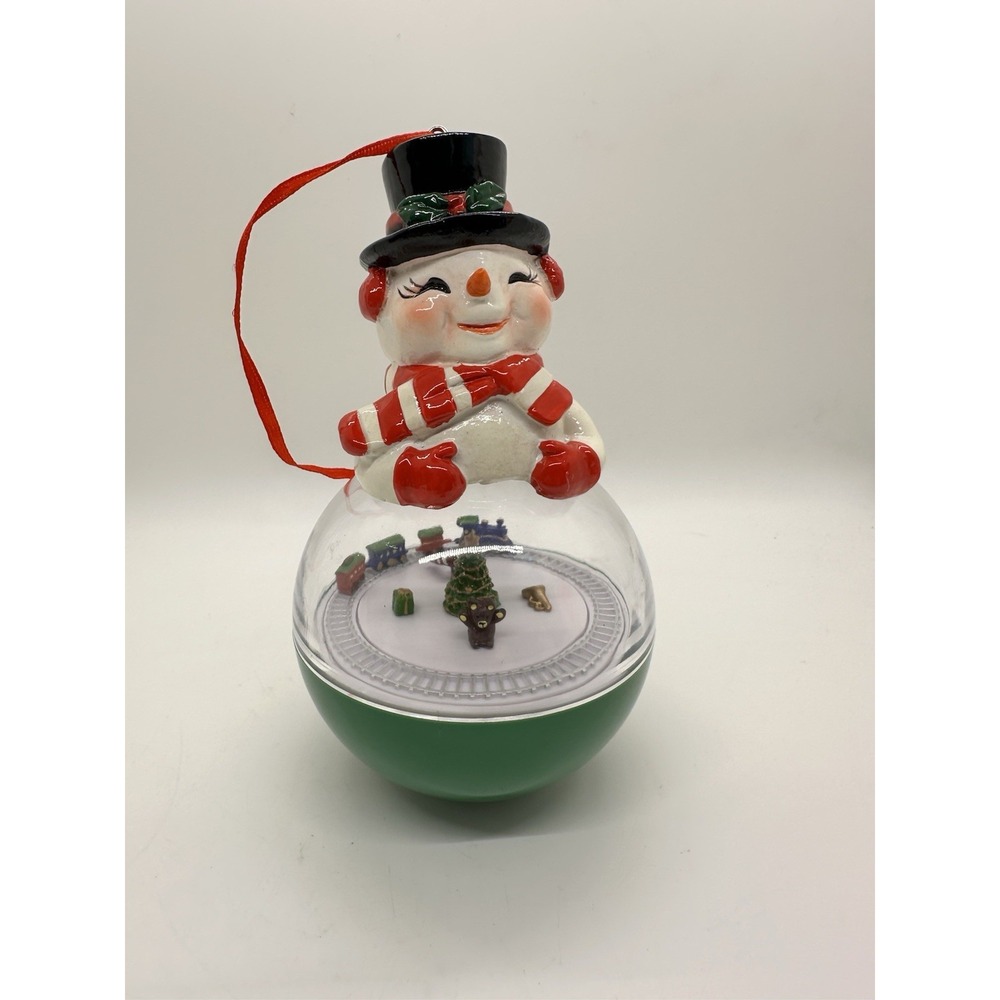 Rare Mr Christmas Vtg Ceramic Snowman Music Box Ornament, Rotating Train Globe‎